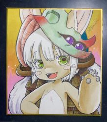 Rule 34 | 1other, :3, animal ears, brown fur, fake horns, fangs, furry, gradient background, green eyes, grey hair, hand on own hip, hand up, helmet, highres, horizontal pupils, horns, looking at viewer, made in abyss, multicolored background, nanachi (made in abyss), open mouth, orange background, other focus, photo (medium), pink background, shikishi, short hair, signature, smile, solo, traditional media, tsumiki yuu, upper body, whiskers, yellow background
