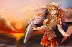 Rule 34 | 10s, 1girl, breasts, brown eyes, brown hair, hair ornament, hat, highres, italia (kancolle), kaju, kantai collection, large breasts, littorio (kancolle), long hair, machinery, miniskirt, skirt, smile, solo, turret