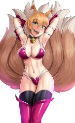 Rule 34 | 1girl, absurdres, animal ears, armor, armpits, arms up, bell, bikini, bikini armor, blush, breasts, commission, drawing, fang, fox ears, fox girl, fox tail, green eyes, hair between eyes, head tilt, highres, large breasts, looking at viewer, monster girl, multicolored hair, multiple tails, navel, neck bell, nico-mo, open mouth, original, simple background, sweat, swimsuit, tail, teeth, two-tone hair, white background, wide hips