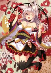 Rule 34 | 1girl, absurdres, ahoge, animal ears, bare shoulders, black thighhighs, bow, braid, breasts, choker, cleavage, collarbone, detached sleeves, double fox shadow puppet, floral print, fox shadow puppet, frills, hair bow, highres, japanese clothes, leaf print, light purple hair, long hair, medium breasts, open mouth, purple eyes, sandals, simple background, skirt, smile, solo, takehana note, thighhighs, wide sleeves, zettai ryouiki