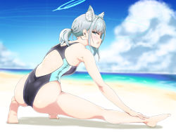 Rule 34 | 1girl, animal ear fluff, animal ears, ass, beach, black one-piece swimsuit, blue archive, blue eyes, blue sky, breasts, cloud, commentary request, competition swimsuit, cross hair ornament, day, extra ears, from behind, full body, grey hair, hair ornament, halo, hapototo, highres, horizon, low ponytail, medium breasts, medium hair, multicolored clothes, multicolored swimsuit, one-piece swimsuit, outdoors, profile, shiroko (blue archive), shiroko (swimsuit) (blue archive), sky, solo, stretching, swimsuit