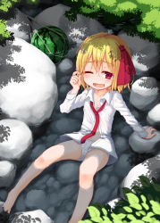 Rule 34 | 1girl, arm support, barefoot, blonde hair, blush, child, crotch, day, dress shirt, embarrassed, fang, food, fruit, hair ornament, twirling hair, in water, looking at viewer, nature, necktie, no pants, one eye closed, outdoors, panties, red eyes, rumia, shirt, short hair, sitting, smile, solo, submerged, tec, toes, touhou, underwear, water, watermelon, wavy mouth, wet, white panties, wince, wink