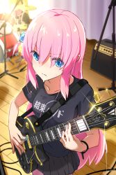 Rule 34 | 2girls, absurdres, black shirt, black skirt, blonde hair, blue eyes, bocchi the rock!, breasts, closed mouth, commentary request, cube hair ornament, drum, drum set, electric guitar, gotoh hitori, guitar, hair between eyes, hair ornament, highres, holding, holding instrument, ijichi nijika, instrument, long hair, loup, medium breasts, multiple girls, one side up, pants, pants under skirt, pink hair, pink pants, pleated skirt, plectrum, shirt, short sleeves, skirt, solo focus, stage, standing, track pants, v-shaped eyebrows, very long hair