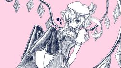 Rule 34 | 1girl, ascot, bow, breasts, crystal, finger to mouth, flandre scarlet, frills, greyscale, greyscale with colored background, gurajio, hat, hat ribbon, heart, knees up, looking at viewer, medium breasts, medium hair, mob cap, monochrome, one side up, pink background, puffy short sleeves, puffy sleeves, ribbon, shirt, short sleeves, side ponytail, skirt, skirt set, smile, solo, touhou, vest, wing collar, wings, wrist cuffs