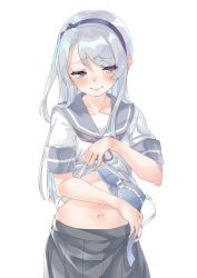 Rule 34 | 10s, 1girl, bad id, bad twitter id, black skirt, blue bra, blush, bow, bow bra, bra, closed mouth, clothes lift, clothes removed through clothes, cowboy shot, ebifurya, grey hair, hair between eyes, hairband, highres, inactive account, kantai collection, lifted by self, long hair, navel, pleated skirt, purple eyes, removing bra, removing bra under shirt, sagiri (kancolle), school uniform, serafuku, shirt, short sleeves, sidelocks, simple background, skirt, solo, tears, underwear, white background, white bow