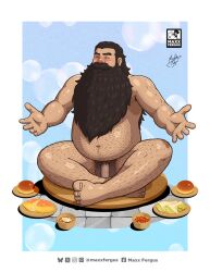 Rule 34 | 1boy, bara, beard, belly, blush, bread, brown hair, closed eyes, completely nude, covered penis, crossed legs, dungeon meshi, dwarf, facial hair, fat, fat man, flaccid, food, full body, hairy, highres, loincloth, long beard, looking at viewer, male focus, male pubic hair, maxxfergus, merchandise available, muscular, muscular male, mustache, nude, offering hand, penis, pubic hair, senshi (dungeon meshi), sitting, solo, sparse chest hair, sparse navel hair, thick arm hair, thick eyebrows, thick mustache, thick navel hair, very hairy, very long beard