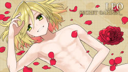 Rule 34 | 10s, 1boy, bad id, bad pixiv id, blonde hair, fate/extra, fate (series), flower, green eyes, highres, leonard bistario harway, male focus, official style, petals, routo, topless male, short hair, solo