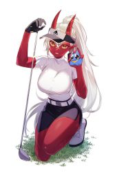 Rule 34 | 1girl, absurdres, akumi (yoclesh), black gloves, brown eyes, colored skin, creature, efu (ef 20200211), gloves, golf, golf club, grass, highres, holding, holding creature, horns, indie virtual youtuber, kneeling, long hair, oni, oni horns, pointy ears, ponytail, red skin, scar, scar on arm, scar on face, scar on leg, shoes, simple background, single glove, skirt, solo, virtual youtuber, visor cap, vyugen, white background, white hair, yellow eyes