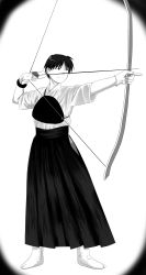 Rule 34 | 1boy, absurdres, archery, arrow (projectile), black hair, bow (weapon), drawing bow, erable, full body, fullmetal alchemist, gloves, greyscale, highres, holding bow (weapon), japanese clothes, kyuudou, male focus, monochrome, muneate, no shoes, partially fingerless gloves, partly fingerless gloves, roy mustang, short hair, simple background, solo, tabi, vignetting, weapon, white background, yugake