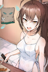 Rule 34 | 1girl, ahoge, annoyed, apron, bare shoulders, breasts, brown eyes, brown hair, cleavage, cookie, covered erect nipples, covered navel, cowboy shot, feather hair ornament, feathers, food, friend (nanashi mumei), from above, furrowed brow, hair ornament, highres, holding, holding knife, hololive, hololive english, indoors, knife, long hair, looking at viewer, medium breasts, multicolored hair, naked apron, nanashi mumei, open mouth, ponytail, sak1 01, squiggle, streaked hair, very long hair, virtual youtuber