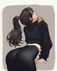 Rule 34 | 1girl, ass, black eyes, black hair, black pants, closed mouth, from behind, k52, long hair, long sleeves, looking at viewer, looking back, original, pants, piercing, ponytail, profile, simple background, solo, two-tone background, yoga pants, zipper pull tab