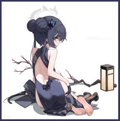 1girl absurdres bare_shoulders barefoot black_dress black_hair blue_archive china_dress chinese_clothes dress hair_bun halo highres kisaki_(blue_archive) loushao sitting white_background