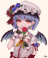 Rule 34 | 1girl, bat wings, black gloves, black wings, blue flower, blue rose, earrings, fingerless gloves, flower, gloves, hat, hat flower, highres, holding, holding flower, jewelry, looking at viewer, meiguu, mob cap, nail polish, pointy ears, purple hair, red eyes, red flower, red nails, red rose, remilia scarlet, rose, shirt, short hair, signature, simple background, smile, solo, touhou, upper body, white background, white gloves, white hat, white shirt, wings, wrist cuffs