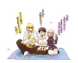 Rule 34 | 1girl, 2boys, blonde hair, carpet, eating, fate/grand order, fate (series), food, food in mouth, fujimaru ritsuka (male), jewelry, mash kyrielight, misuko (sbelolt), multiple boys, necklace, open mouth, petals, purple hair, sakata kintoki (fate), short hair, simple background, sitting, smile, sunglasses, translation request, white background