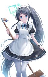 Rule 34 | 1girl, absurdres, apron, aris (blue archive), aris (maid) (blue archive), back bow, black dress, black hair, blue archive, blue bow, blue bowtie, blue eyes, bow, bowtie, broom, closed mouth, dress, frilled apron, frills, halo, highres, holding, holding broom, long hair, looking at viewer, maid apron, maid headdress, official alternate costume, pantyhose, ponytail, seungju lee, short sleeves, simple background, smile, solo, very long hair, white apron, white bow, white pantyhose