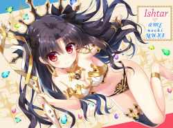 Rule 34 | 1girl, ameto yuki, anklet, armor, bare shoulders, barefoot, bikini armor, black hair, black ribbon, blush, breasts, cleavage, collarbone, earrings, fate/grand order, fate (series), feet, full body, gem, hair ribbon, holding, hoop earrings, ishtar (fate), jewelry, long hair, looking at viewer, navel, outline, red eyes, ribbon, shiny skin, single thighhigh, smile, solo, strapless, thighhighs, tohsaka rin, two side up, very long hair