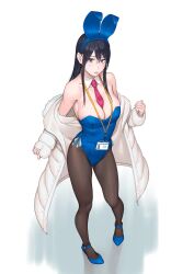 Rule 34 | 1girl, animal ears, bare shoulders, between breasts, black hair, blue eyes, blue footwear, blue leotard, breasts, cleavage, coat, detached collar, fake animal ears, from above, full body, fur trim, glasses, hairband, high heels, highres, id card, large breasts, leotard, long hair, looking at viewer, necktie, necktie between breasts, original, pantyhose, playboy bunny, rabbit ears, red necktie, simple background, solo, standing, strapless, strapless leotard, white background, wrist cuffs, yuuji (and)
