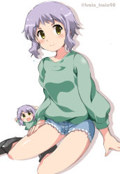 Rule 34 | 2girls, arms up, bare legs, black footwear, blue shorts, blush, blush stickers, breasts, commentary request, denim, denim shorts, dual persona, green sweater, hand on own thigh, idolmaster, idolmaster million live!, little mizuki, long sleeves, looking at viewer, makabe mizuki, mini person, minigirl, multiple girls, on floor, purple hair, serious, short hair, shorts, sidelocks, sitting, small breasts, smile, sweater, train 90, twitter username, wavy hair, white background