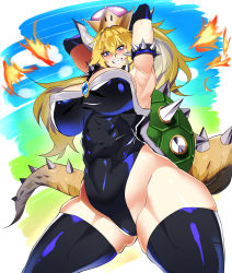 Rule 34 | 1girl, absurdres, armpits, blonde hair, blue eyes, blush, bowsette, breasts, crown, highres, horns, large breasts, leotard, mario (series), new super mario bros. u deluxe, nintendo, ponytail, thighhighs, wtwinmkii2nd