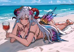 Rule 34 | 1girl, alcohol, anklet, armlet, beach, commentary, cup, english commentary, feathers, fire emblem, flower, flower necklace, freyja (fire emblem), holding, holding cup, horns, jewelry, long hair, looking at viewer, necklace, nintendo, ocean, official alternate costume, red eyes, swimsuit, white hair, wine, zeon (zzeeonn)