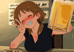 Rule 34 | 1girl, ^ ^, alcohol, arm up, beer, beer mug, black shirt, blush, breasts, brown hair, cleavage, closed eyes, commentary request, cup, dr. gero (staedtler 0508), earrings, facing viewer, food, grin, hair over shoulder, hand up, head tilt, highres, holding, holding cup, idolmaster, idolmaster cinderella girls, jewelry, katagiri sanae, large breasts, long hair, low twintails, mug, nose blush, shirt, short sleeves, smile, solo, twintails, upper body, v
