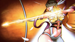 Rule 34 | 1girl, aiming, angel wings, angewomon, arrow (projectile), blonde hair, bodysuit, bow (weapon), breasts, commentary, contrapposto, covered eyes, cowboy shot, curvy, digimon, digimon (creature), english commentary, feathers, glowing arrow, helmet, highres, holding, holding arrow, holding bow (weapon), holding weapon, large breasts, leotard, loen, navel, parted lips, red lips, shawl, smile, solo, standing, weapon, winged helmet, wings
