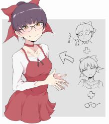 Rule 34 | 1girl, :&lt;, bespectacled, bow, bowl cut, choker, dress, fang, fusion, gegege no kitarou, gem, glasses, hair bun, half-closed eyes, head tilt, ina (gokihoihoi), long sleeves, looking at viewer, multiple views, nekomusume, nekomusume (gegege no kitarou 6), pinafore dress, pink bow, pointy ears, purple hair, red choker, shirt, short hair, single hair bun, sleeveless dress, slit pupils, smile, translation request, upper body, white shirt, yellow eyes