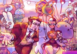 Rule 34 | 1boy, 1girl, alternate costume, alternate hair color, alternate hairstyle, balloon, beowulf (skullgirls), big o (mecha), blush, breasts, cerebella (skullgirls), cleavage, cleavage cutout, clothing cutout, eyeshadow, facial hair, fallout (series), fat, fat man, feather hair ornament, formal, glasses, goatee, hair ornament, highres, large breasts, leaning forward, looking at another, makeup, necktie, noonun, one eye closed, outdoors, outstretched arm, outstretched hand, pizza tower, poppy playtime, pursed lips, sagan (skullgirls), scribble cat (skullgirls), skullgirls, smile, stuffed animal, stuffed cat, stuffed seal, stuffed toy, suit, the big o, thick thighs, thighs, vault girl, vitale (skullgirls), wide hips
