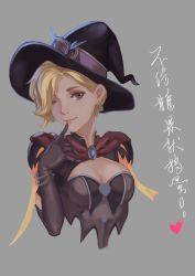 Rule 34 | 1girl, bangle, blonde hair, blue eyes, bracelet, breasts, brooch, brown gloves, capelet, cleavage, earrings, finger to mouth, gloves, grey background, halloween costume, hat, highres, jewelry, lips, looking at viewer, medium breasts, mercy (overwatch), nose, official alternate costume, one eye closed, overwatch, overwatch 1, short sleeves, simple background, smile, solo, trick or treat, upper body, witch, witch hat, witch mercy, yu xiang qiezi