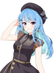 Rule 34 | 1girl, bare shoulders, belt, beret, black dress, black hat, blue hair, blush, bow, breasts, cleavage, collarbone, colored inner hair, dot nose, dress, earrings, felutiahime, flower, green hair, grin, hair flower, hair ornament, hairclip, hand in own hair, hat, hat bow, highres, hololive, hoshimachi suisei, jewelry, locket, long bangs, looking at viewer, multicolored hair, open mouth, pendant, plaid, plaid bow, see-through, simple background, sleeveless, sleeveless dress, small breasts, smile, solo, teeth, upper body, virtual youtuber, white background, zipper, zipper pull tab
