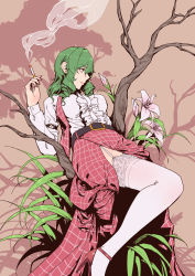Rule 34 | 1girl, absurdres, alternate hairstyle, belt, branch, center frills, cigarette, collared shirt, d&#039;orsay heels, drill hair, drill sidelocks, earrings, fingernails, flower, frilled skirt, frills, garter straps, grass, green hair, hand up, high heels, highres, in tree, jewelry, kazami yuuka, lace, lace-trimmed legwear, lace trim, leaf, lily (flower), lips, long skirt, long sleeves, looking to the side, nail polish, open clothes, open skirt, open vest, orange background, plaid, plaid skirt, plaid vest, red eyes, red footwear, red nails, red skirt, red vest, shirt, short hair, sidelocks, skirt, skirt set, smile, smoke, smoking, stank, strappy heels, stud earrings, sunflower, tan background, thighhighs, tobacco, touhou, tree, twin drills, vest, wavy hair, white shirt, white thighhighs
