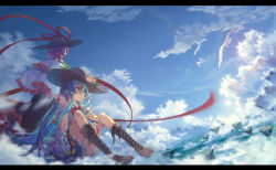 Rule 34 | 2girls, bird, blue hair, blue sky, boots, brown footwear, capelet, cloud, cross-laced footwear, day, floating rock, flying, food, fruit, hand in own hair, hat, hat ribbon, hinanawi tenshi, lace-up boots, landscape, letterboxed, long hair, multiple girls, nagae iku, peach, puffy short sleeves, puffy sleeves, purple hair, red eyes, ribbon, shirt, short sleeves, sitting, skirt, sky, touhou, very long hair, yayin (yayin233)