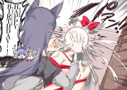 Rule 34 | 4girls, animal ear fluff, animal ears, arknights, black hair, blush, bow, breasts, cake, female focus, food, food on face, hair between eyes, hair ornament, hairclip, in the face, lappland (arknights), long hair, lying, medium breasts, mirui, multiple girls, naked ribbon, navel, nude, pie in face, projekt red (arknights), provence (arknights), red ribbon, ribbon, scar, scar across eye, scar on face, silver hair, texas (arknights), translation request, wolf ears