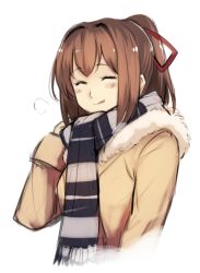 Rule 34 | 1girl, ^ ^, alternate costume, beige coat, blush, brown hair, closed eyes, coat, closed eyes, fringe trim, fur, fur-trimmed coat, fur trim, hair between eyes, hair ribbon, ise (kancolle), kantai collection, multicolored clothes, multicolored scarf, ponytail, red ribbon, ribbon, scarf, short hair, simple background, smile, solo, terrajin, white background