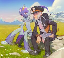 Rule 34 | 1boy, black coat, black hat, black pants, bracelet, closed mouth, coat, commentary, creatures (company), day, eskey 09, facial hair, field, game freak, goatee, grass, grey eyes, grey hair, hand on own thigh, hat, ingo (pokemon), jewelry, male focus, nintendo, open clothes, open coat, outdoors, pants, pearl clan outfit, pokemon, pokemon (creature), pokemon legends: arceus, rock, shoes, short hair, sideburns, sitting, sky, sneasler, striped coat, torn clothes, torn coat