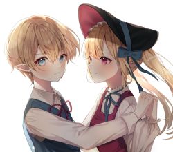Rule 34 | 1boy, 1girl, bad id, bad twitter id, blonde hair, blue eyes, blue ribbon, blush, bonnet, check copyright, closed mouth, collared shirt, commentary request, copyright request, dress, earrings, fang, from side, hat, heart, heart in eye, highres, holding hands, interlocked fingers, jewelry, knowa, long hair, long sleeves, looking at another, looking at viewer, looking to the side, neck ribbon, original, pinafore dress, pointy ears, red dress, red eyes, red ribbon, ribbon, shirt, short hair, simple background, sleeveless dress, smile, symbol in eye, upper body, white background, white shirt