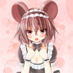 Rule 34 | 1girl, alternate costume, animal ears, blush, bow, choker, collarbone, dress, enmaided, greatmosu, grey dress, grey hair, highres, looking at viewer, maid, maid headdress, mouse ears, nazrin, open mouth, puffy sleeves, red eyes, ribbon choker, short sleeves, solo, touhou, wrist cuffs