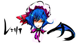 Rule 34 | 1girl, blue hair, dain, fang, female focus, hat, red eyes, remilia scarlet, short hair, solo, touhou, vampire, white background, wings