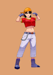 Rule 34 | 1girl, absurdres, aged up, alternate breast size, bandana, belt, black eyes, black hair, boots, breasts, cirenk, closed mouth, commission, crop top, denim, dragon ball, dragon ball gt, gloves, highres, jeans, large breasts, looking at viewer, midriff, navel, painting (medium), pan (dragon ball), pants, purple socks, red shirt, shirt, shoes, short hair, simple background, smile, socks, solo, traditional media, watercolor (medium)