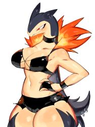 Rule 34 | 1girl, bare shoulders, black choker, black hair, black shorts, breasts, choker, closed mouth, creatures (company), ear piercing, fang, fang out, fire, furry, furry female, game freak, gen 2 pokemon, hand on own hip, highres, large breasts, micro shorts, navel, nintendo, piercing, pokemon, pokemon (creature), red eyes, shorts, simple background, solo, standing, thick thighs, thighs, typhlosion, usa37107692, white background