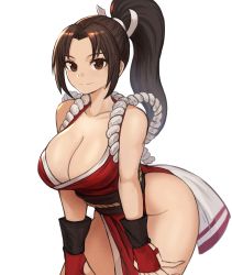 Rule 34 | 1girl, absurdres, arm guards, bare shoulders, breasts, brown eyes, brown hair, cleavage, closed mouth, collarbone, cowboy shot, groin, high ponytail, highres, japanese clothes, kimono, large breasts, leaning forward, looking at viewer, no panties, parted bangs, red kimono, revealing clothes, rope, shimenawa, shiranui mai, solo, sookmo, the king of fighters