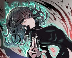 Rule 34 | 1girl, black dress, breasts, bright pupils, closed mouth, curly hair, dress, dutch angle, fingernails, fujimaru (green sparrow), green eyes, green hair, long sleeves, looking at viewer, medium hair, one-punch man, side slit, small breasts, solo, tatsumaki, twitter username, white pupils