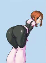 Rule 34 | 10s, 1girl, ass, bent over, blue background, blush stickers, bodysuit, boku no hero academia, brown hair, cutesexyrobutts, embarrassed, highres, hip focus, huge ass, looking back, solo, thick thighs, thighs, uraraka ochako, wide hips