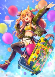 Rule 34 | 1girl, animal ears, balloon, belt, black thighhighs, bomber jacket, boots, breasts, brown footwear, cloud, crop top, crop top overhang, dog tags, full body, green jacket, highres, horse ears, horse girl, horse tail, jacket, long hair, looking at viewer, mayano top gun (umamusume), midair, midriff, navel, open clothes, open jacket, open mouth, orange hair, outstretched arm, paper airplane, rolling suitcase, shirt, short shorts, shorts, signature, sky, small breasts, smile, solo, suitcase, tail, thighhighs, two side up, umamusume, unajiru, white shorts, yellow eyes, yellow shirt