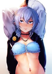 Rule 34 | 1girl, :p, akagi asahito, arms up, blue bra, blue eyes, blue hair, blush, bra, bracelet, breasts, choker, ear piercing, fuha mika (akagi asahito), highres, jacket, jewelry, looking at viewer, matching hair/eyes, nail polish, navel, navel piercing, necklace, open clothes, open jacket, original, piercing, purple nails, simple background, smile, solo, tongue, tongue out, underwear, white background