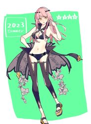 Rule 34 | 1girl, 2023, :o, bikini, black bikini, black cape, black footwear, black pants, breasts, cape, cleavage, cnoc na riabh (fate), cnoc na riabh (swimsuit foreigner) (fate), commentary request, fate/grand order, fate (series), full body, high collar, highres, ki wa001, looking at viewer, medb (fate), medium breasts, navel, official alternate costume, pants, pink hair, sandals, simple background, solo, stomach, swimsuit, toes, yellow eyes