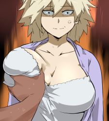 Rule 34 | 10s, 1boy, 1girl, anger vein, angry, bakugou mitsuki, blonde hair, boku no hero academia, breasts, breasts squeezed together, cafekun, cleavage, collarbone, dark-skinned male, dark skin, deep skin, grabbing, grabbing another&#039;s breast, large breasts, looking at viewer, mature female, murder, open clothes, shaded face, smile, spiked hair, sweat, sweater, upper body, wide-eyed