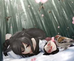 Rule 34 | 1girl, animal ears, bamboo, bamboo forest, bird, blush, brooch, dress, fingernails, flower, forest, imaizumi kagerou, jewelry, long hair, long sleeves, lying, miyakouji, nature, red eyes, smile, snow, solo, sparrow, tail, touhou, wolf ears, wolf tail