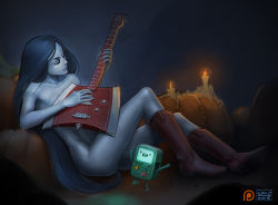 Rule 34 | 1girl, adventure time, ass, axe, black hair, bmo, boots, boots only, candle, cartoon network, collarbone, colored skin, dark background, closed eyes, grey skin, guitar, instrument, kano-kun, long hair, marceline abadeer, music, navel, nude, pants, playing instrument, pumpkin, reclining, robot, sitting, stomach, vampire, weapon