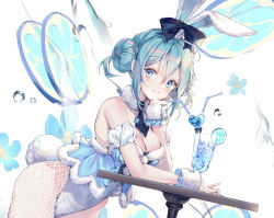 Rule 34 | 1girl, animal ears, aqua hair, bare shoulders, bicute bunnies miku, blue eyes, blush, bow, breasts, cleavage, closed mouth, commentary request, cup, double bun, drinking glass, drinking straw, ear ribbon, elbow rest, fake animal ears, fake tail, fishnet pantyhose, fishnets, food, fruit, fur collar, hair bun, hatsune miku, head rest, lemon, leotard, lips, looking at viewer, medium breasts, necktie, pantyhose, rabbit ears, rabbit tail, shiny skin, simple background, smile, solo, strapless, table, tail, tena, thighs, tied ears, vocaloid, white pantyhose, wrist cuffs